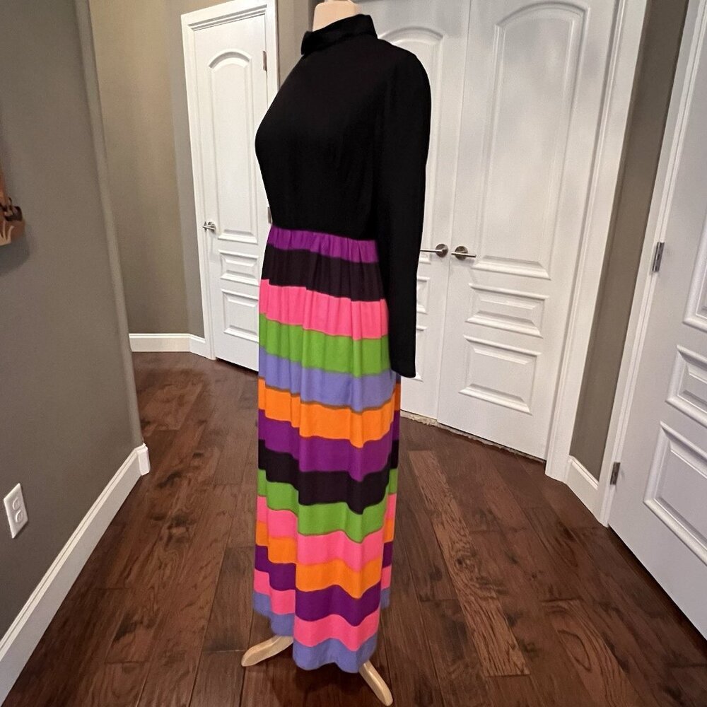 VTG Park East By Swirl Womens Size 14 Maxi Dress Black Top Rainbow Stripe Skirt - Picture 4 of 13